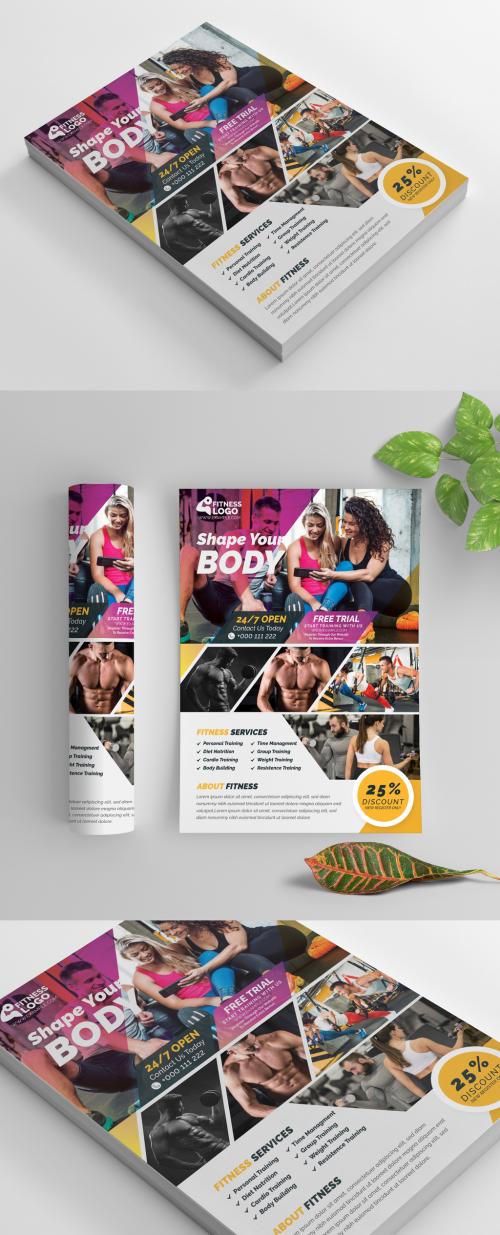 Fitness Flyer Layout with Purple and Yellow Accents - 269583900