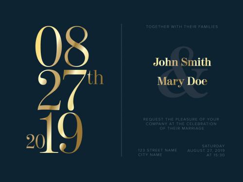 Navy Blue Wedding invitation Layout with Golden Typography Elements - 270049273