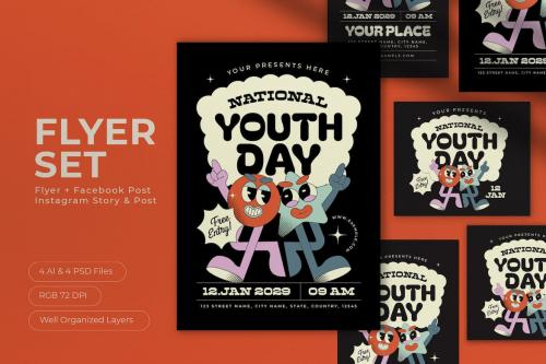 Black Retro Cartoon National Youth Day Flyer Set