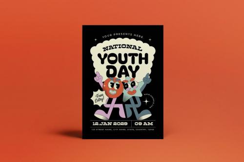 Black Retro Cartoon National Youth Day Flyer Set