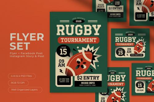 Green Retro Rugby Tournament Flyer Set