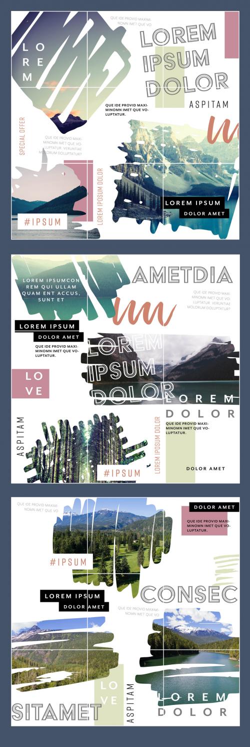 Travel Social Media Grid Set Layout with Painted Photo Mask Elements - 271630227