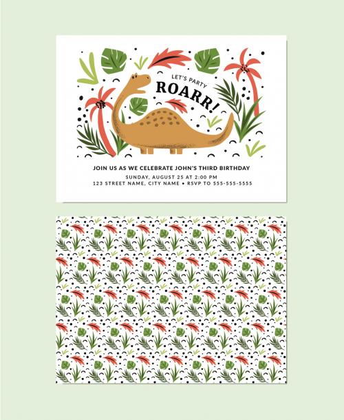 Dinosaur Party Invitation Layout with Graphic Illustrations - 271797445