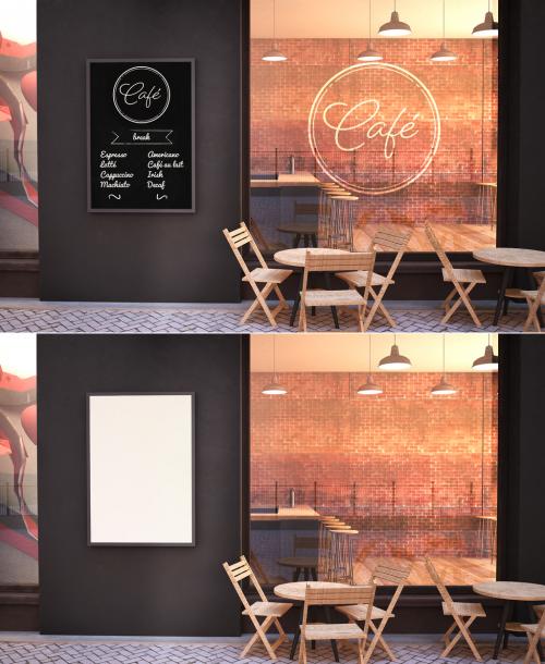 Cafe Facade Mockup with Branding wall and Poster - 272010194