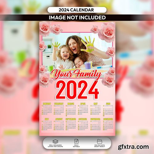 PSD 2024 pink floral family calendar design template