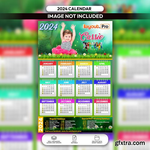 PSD baby themed calendar 2024 layout template » GFxtra