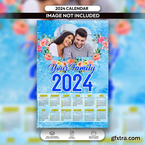 PSD blue floral cute family calendar design 2024 layout template