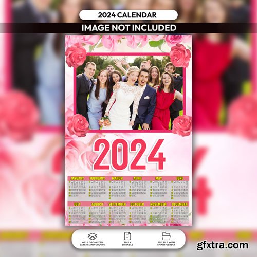 PSD pink floral wedding calendar 2024 layout design template