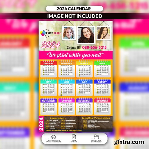 PSD print station calendar 2024 layout design template