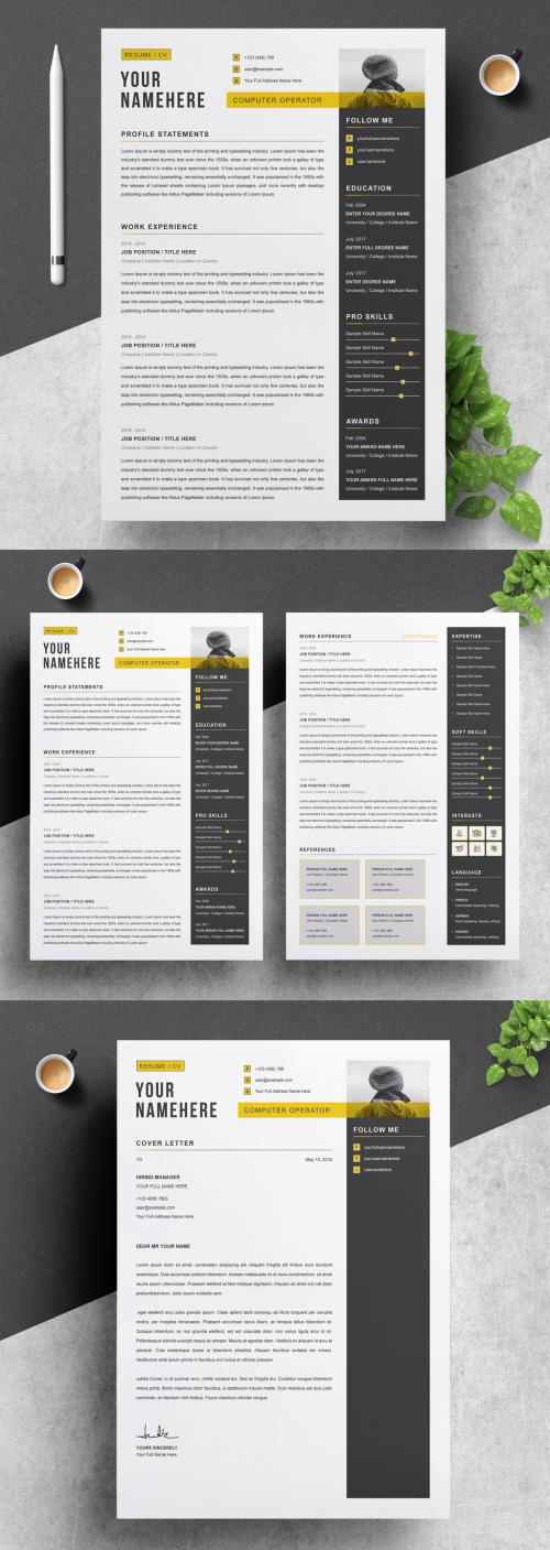 Resume and Cover Letter Layout with Grey and Yellow Accents - 274129734