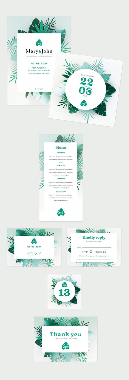 Wedding Suite with Tropical Leaf Illustrations - 274957734