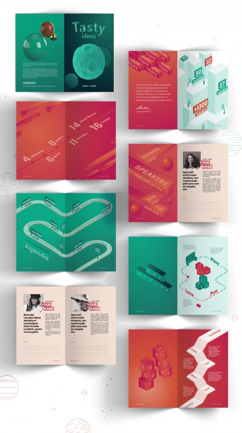 Brochure Layout with Illustrations and Red and Blue Accents - 275540860