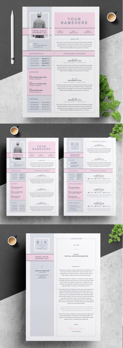 Resume and Cover Letter Layout with Pink and Gray Accents - 277437730