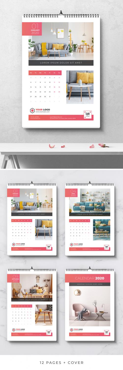 Vertical Wall Calendar with Red Accents - 277910620