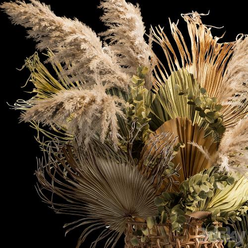 Installation bouquet pampas grass in a wicker basket of twigs, dry leaves, dried flower. 239.