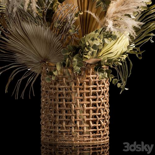 Installation bouquet pampas grass in a wicker basket of twigs, dry leaves, dried flower. 239.