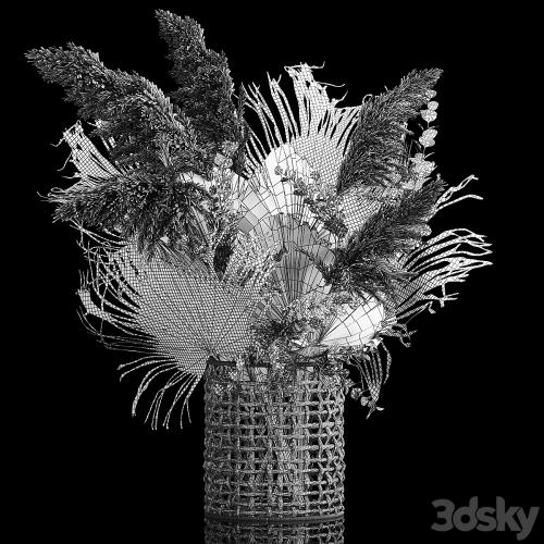 Installation bouquet pampas grass in a wicker basket of twigs, dry leaves, dried flower. 239.