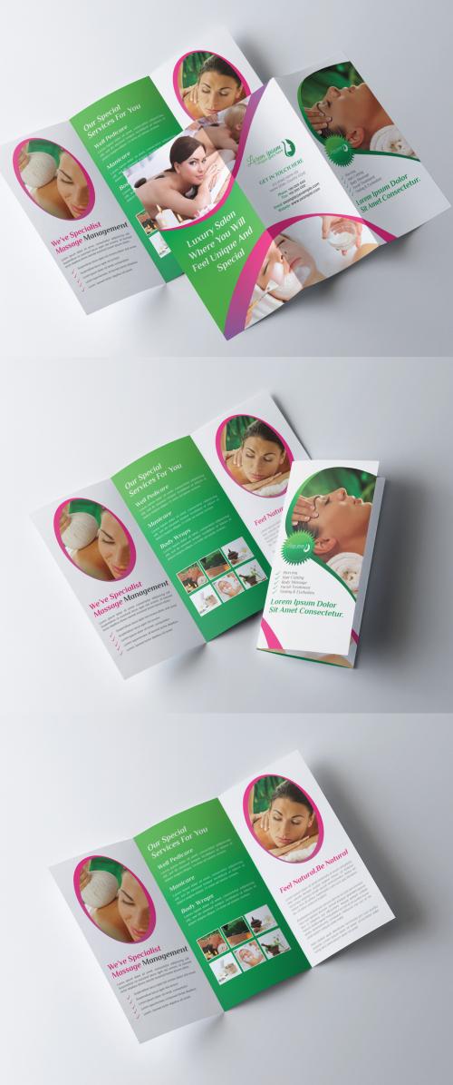 Tri-Fold Brochure Layout with Green and Pink Elements - 278613754