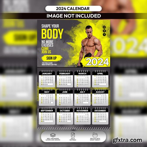 PSD 2024 customizable bodybuilding theme calendar layout design » GFxtra