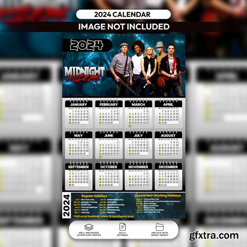 PSD music band design calendar 2024 layout template » GFxtra