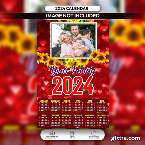 PSD red floral family calendar 2024 layout design template