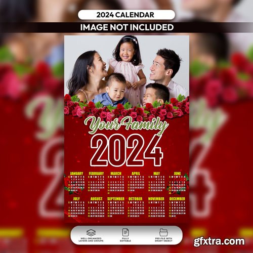 Red floral family calendar 2024 psd layout design template