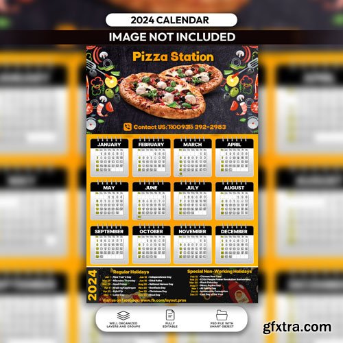 PSD pizza house calendar 2024 layout design template