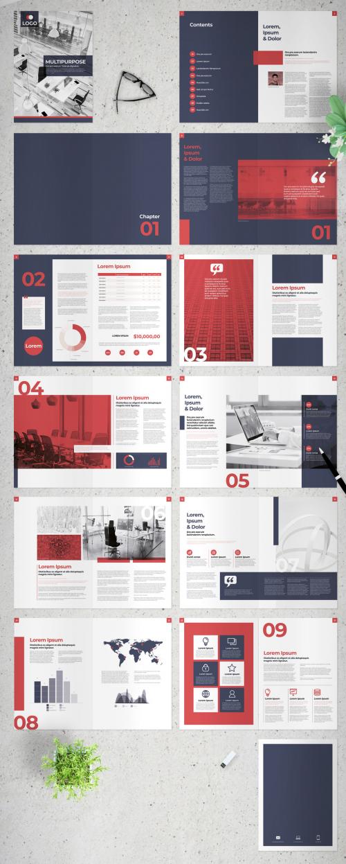 Presentation Brochure Layout with Navy and Red Elements - 279395073