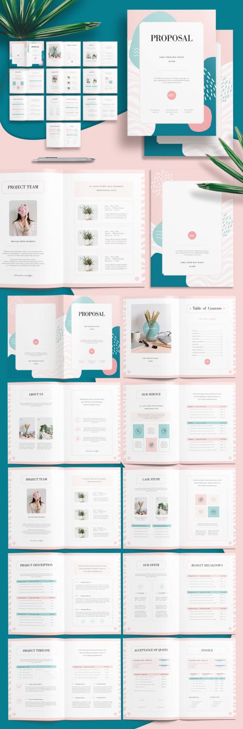 Minimalist Proposal Brochure Layout with Green and Pink Accents - 281299559