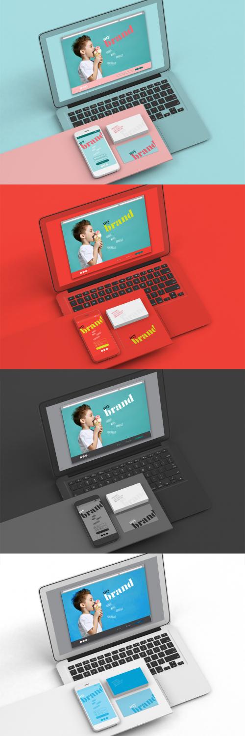 Laptop, Smartphone, and Business Cards Mockup - 281671131