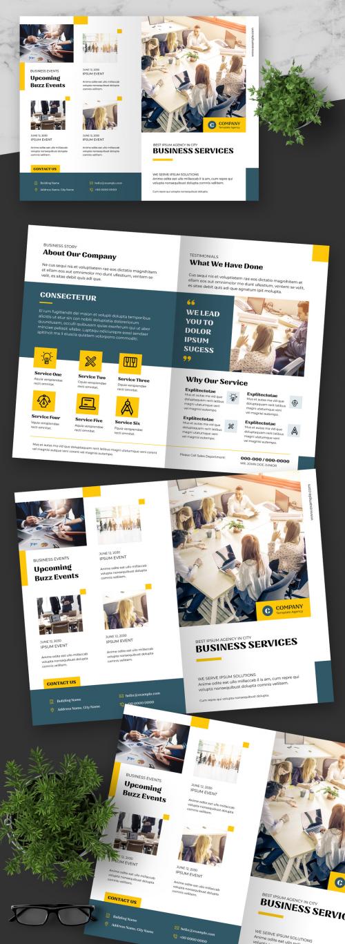 Bifold Brochure Layout with Blue and Yellow Accents - 281826462