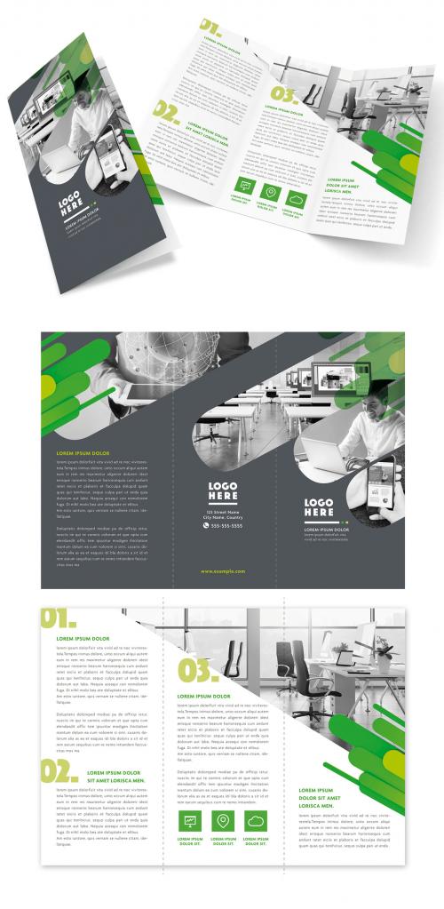 Gray and White Trifold Brochure Layout with Green Accents - 282910273