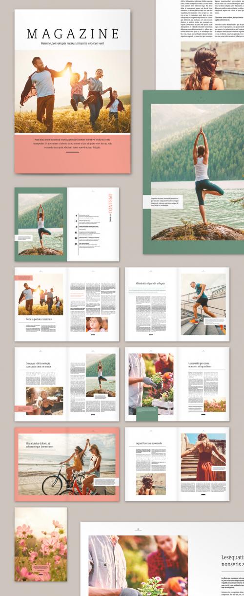 Magazine Layout with Pink and Green Elements - 285531556