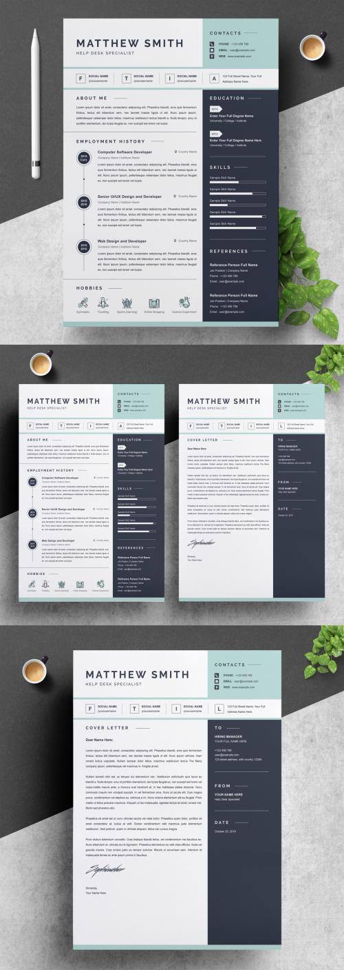 Resume and Cover Letter Layout with Blue Sidebar and Accents - 285669467