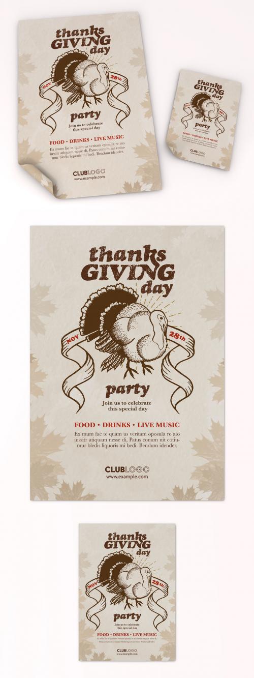 Thanksgiving Poster and Flyer Layout with Turkey Illustration - 286137968