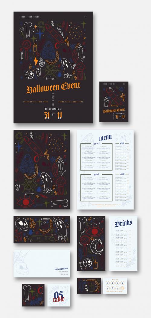 Colorful Spooky Restaurant Collateral Layout Set with Graphic Line Art - 286707521