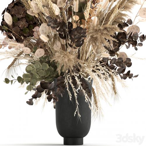 Beautiful lush bouquet of dried flowers in a vase with hydrangea, pampas Lunnik, spikelet, Barberry. 173