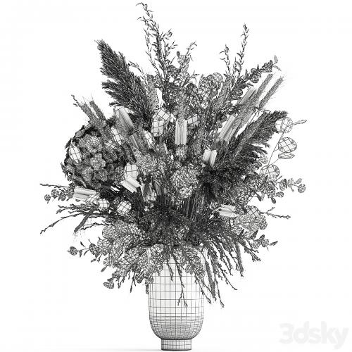 Beautiful lush bouquet of dried flowers in a vase with hydrangea, pampas Lunnik, spikelet, Barberry. 173