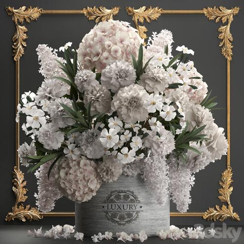 A beautiful lush modern bouquet of white flowers in a luxury vase with a molded frame, hydrangea, lilac, peonies, oleander, gold. Set 91.