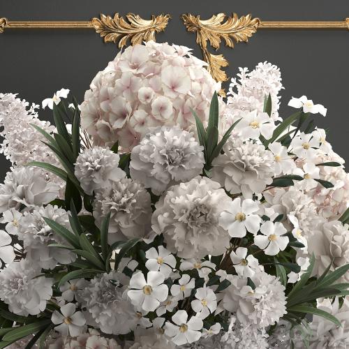 A beautiful lush modern bouquet of white flowers in a luxury vase with a molded frame, hydrangea, lilac, peonies, oleander, gold. Set 91.