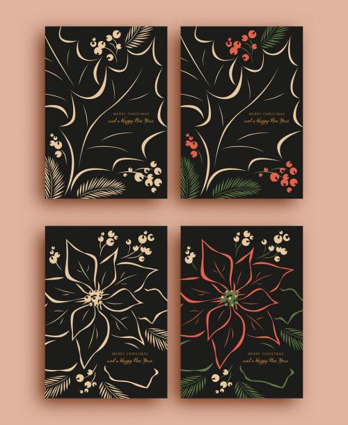 Christmas Card Layout Set with Holly Illustrations - 286769804