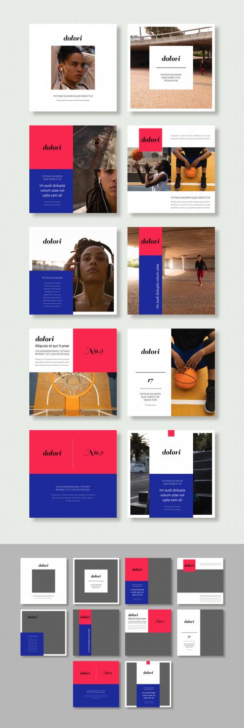 Bright Red and Blue Social Media Post Layout Set - 287640365