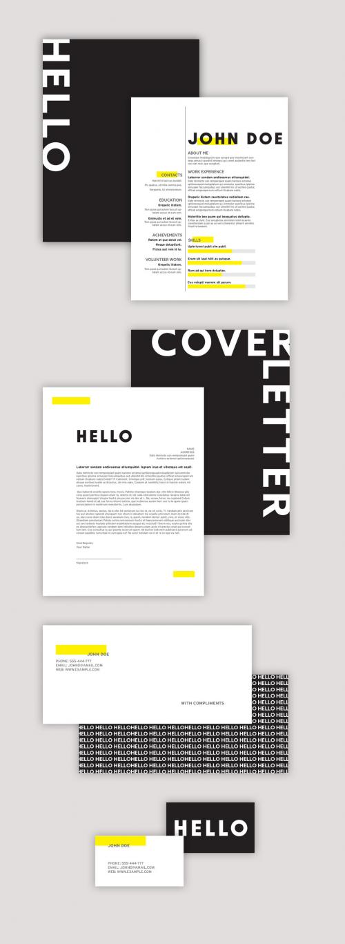 Black and White Resume Set with Yellow Accents and Bold Text - 288244702