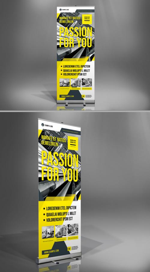 Roll-Up Banner Layout with Yellow and Dark Blue Accents - 288739641