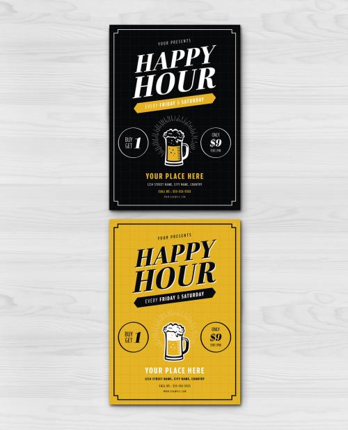 Happy Hour Flyer Layout with Yellow Elements - 289367459