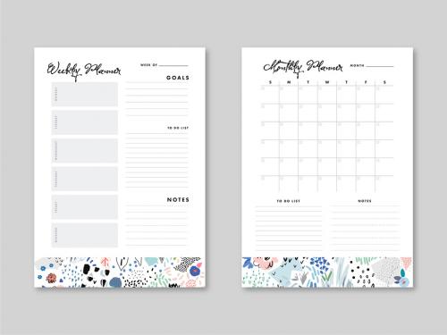 Weekly and Monthly Planner Layout with Illustrative Elements - 289557882