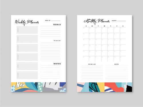 Weekly and Monthly Planner Layout with Illustrative Elements - 289557886