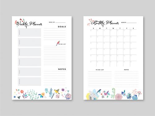 Weekly and Monthly Planner Layout with Illustrative Elements - 289557887