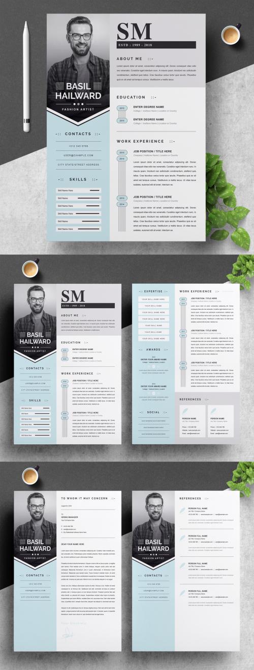 Decorative Resume Layout Set with Blue Elements - 290395967