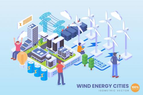 Isometric Wind Energy Cities Technology Vector